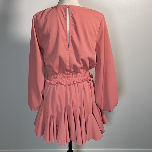 Mainstrip Peach Pink Long Sleeve Smocked Waist Ruffle Mini Dress – Size M - Picture 7 of 12